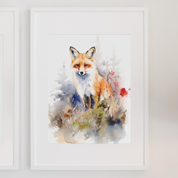 Watercolor Floral Red Fox Portrait Wall Art Illustration Print Poster Unframed - Picture 2 of 7